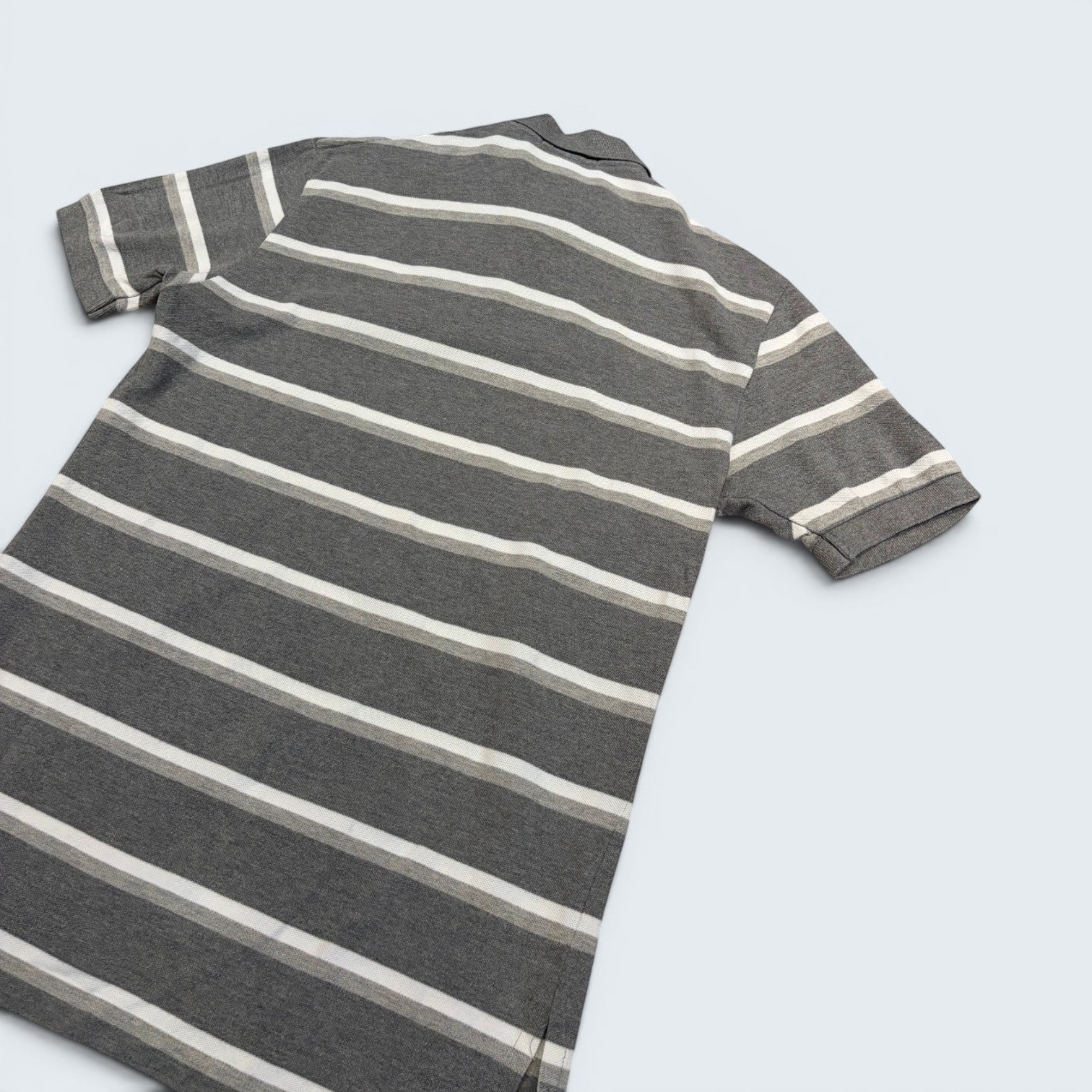 STOXX THRIFT & VINTAGE Polo by Ralph Lauren charcoal grey cotton piqué polo shirt with off-white horizontal stripes.