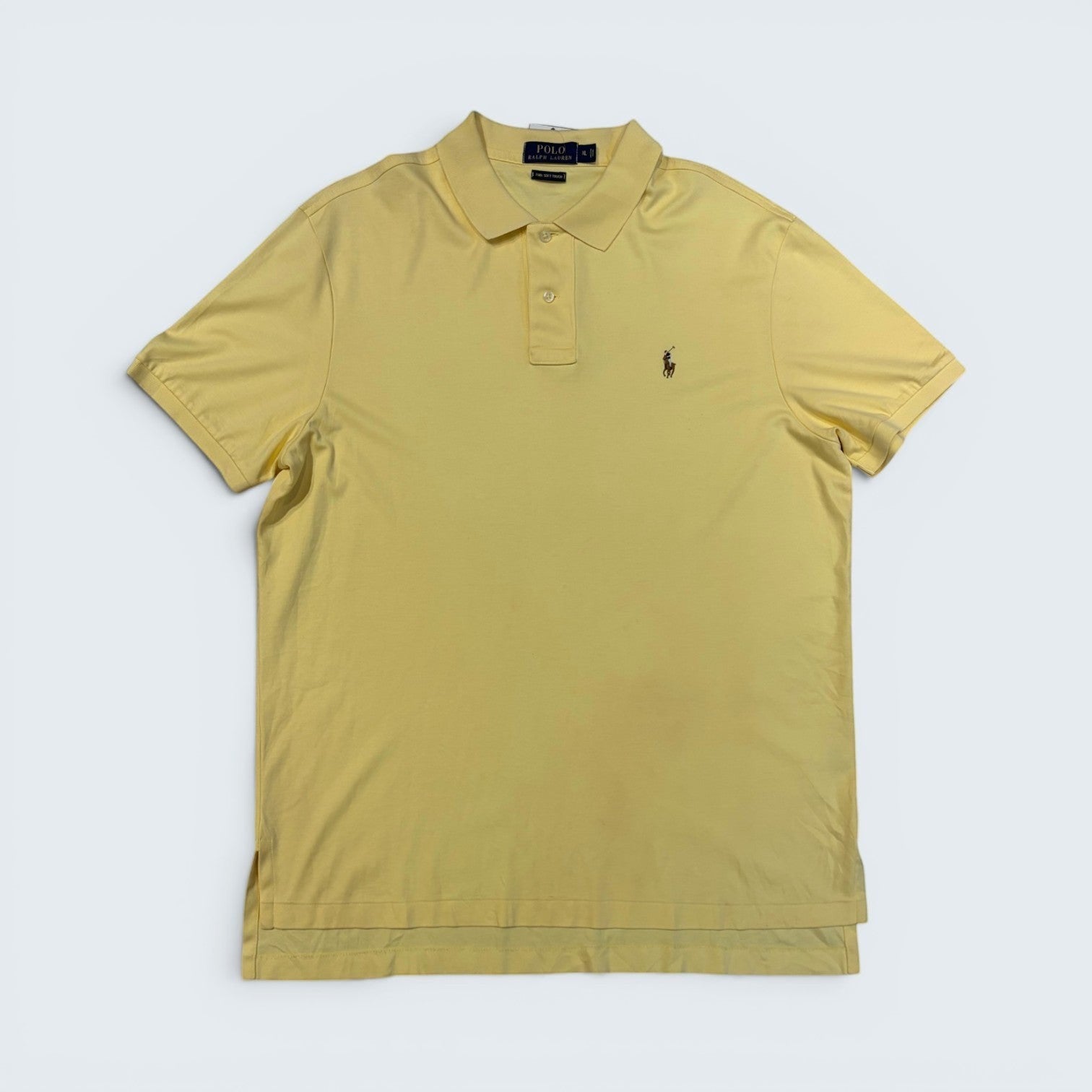 STOXX THRIFT & VINTAGE Polo Ralph Lauren pale yellow fine-knit cotton polo shirt with embroidered pony logo, size XL.