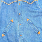 STOXX THRIFT & VINTAGE Rising Sun & Co. indigo denim jacket with copper hardware and leather pocket reinforcements.