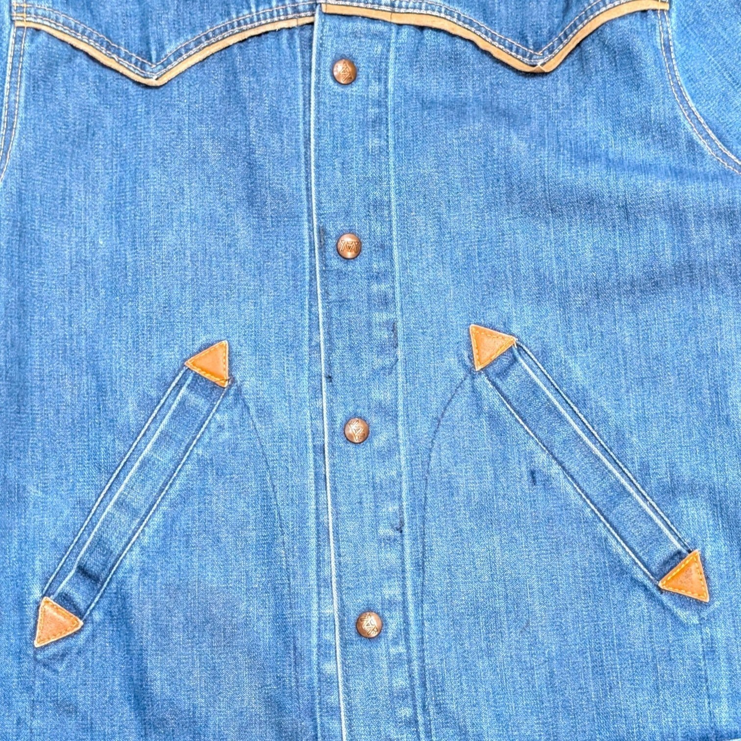 STOXX THRIFT & VINTAGE Rising Sun & Co. indigo denim jacket with copper hardware and leather pocket reinforcements.
