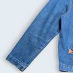 STOXX THRIFT & VINTAGE Rising Sun & Co. indigo denim jacket sleeve with leather pocket reinforcement detail.